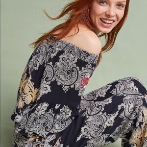 Raga Anthropologie Jolie Off Shoulder Ruffled Smocked Jumpsuit Medium NWT